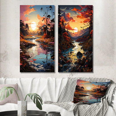 «Rivers Sunrise Enchantment - Lake River», ensemble de 2 impressions sur toile