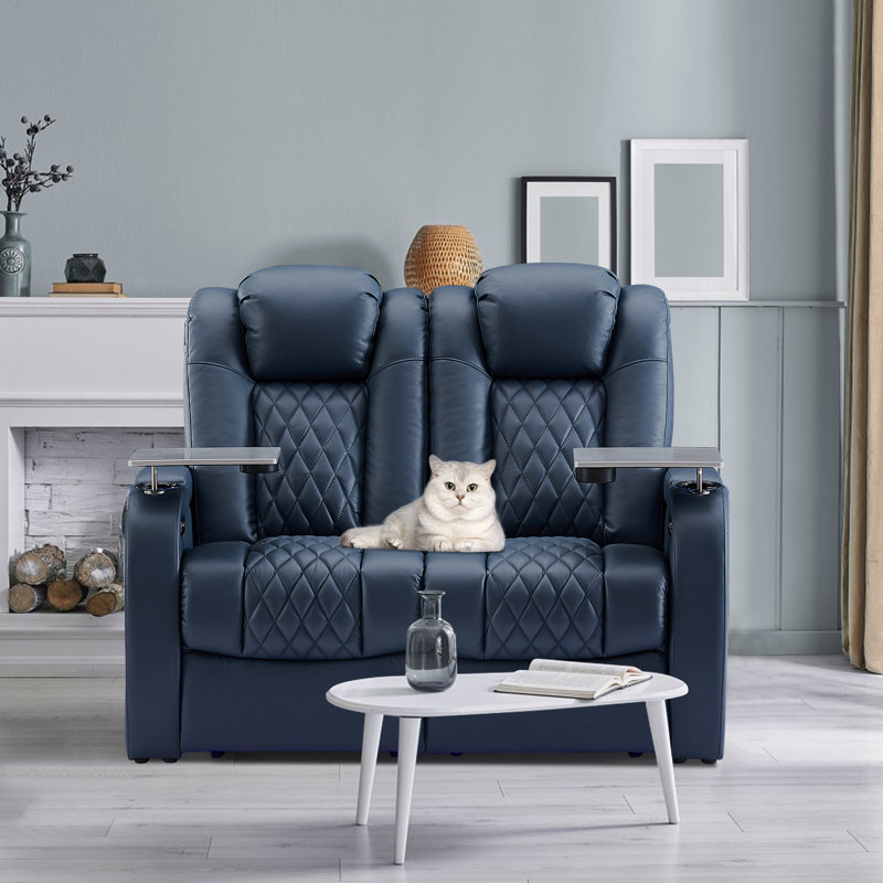 Causeuse inclinable rembourrée 58 po, Cuir véritable bleu