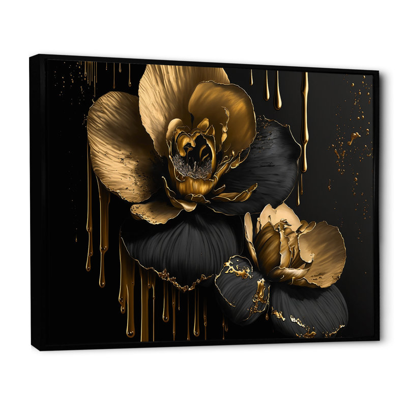 Orchidée noire et or II - art mural encadré orchidée, Cadre flottant noir, H 12 po x l 20 po x P 1 po