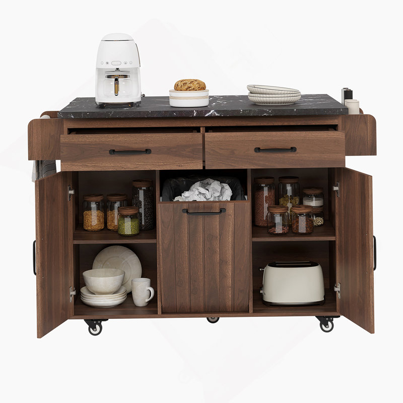 Îlot de cuisine l 43 po avec compartiment à poubelle et abattant, Brun
