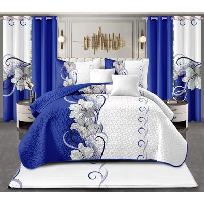 Ensemble de literie et de rideaux en plumes multicolores 9 pièces (grand / très grand / très grand californien) - Couvre-lit en microfibre matelassée + voilages