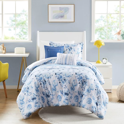 Literie en microfibre pour lit simple / simple TG, imprimé floral rayé, 2 taies décoratives et coussins, édredon avec rayures