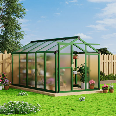 Serre en aluminium robuste robuste - Panneaux en polycarbonate, évent de toit, gouttière d'eau de pluie - Abri de jardin extérieur toutes saisons - vert 6 x 10 pi