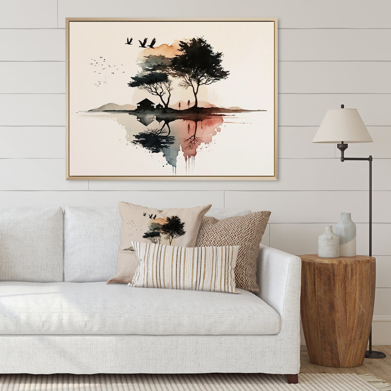 «Minimal Serenity Little Country House Watercolor», reproduction, H 16 po x l 32 po x P 1 po, Cadre naturel flottant