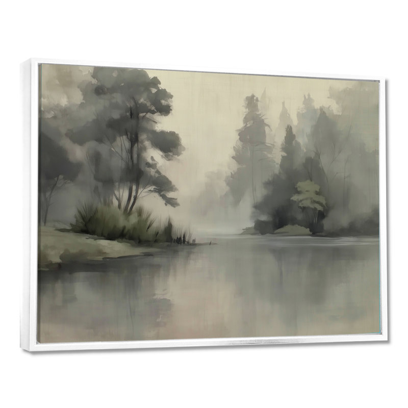 «Morning Fog Pine Tree Mountain Trail», reproduction d'art sur toile, paysage gris, H 30 po x l 40 po, Cadre flottant, Blanc
