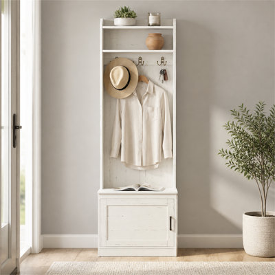 Arbre d'entrée de style campagnard étroit de 72,1 pouces de hauteur avec finition grain de bois blanc - banc d'entrée intégré, armoire à chaussures et support de rangement