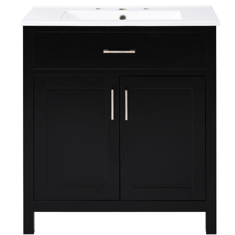 Meuble-lavabo noir de 30 po avec lavabo en céramique et solutions de rangement abondantes. Fabriqué en bois massif. Tiroir équipé de tablettes pratiques. Apparence moderne pour une armoire. Fermeture douce