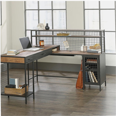 Bureau industriel en forme de L avec 2 tiroirs et tablettes, finition brune
