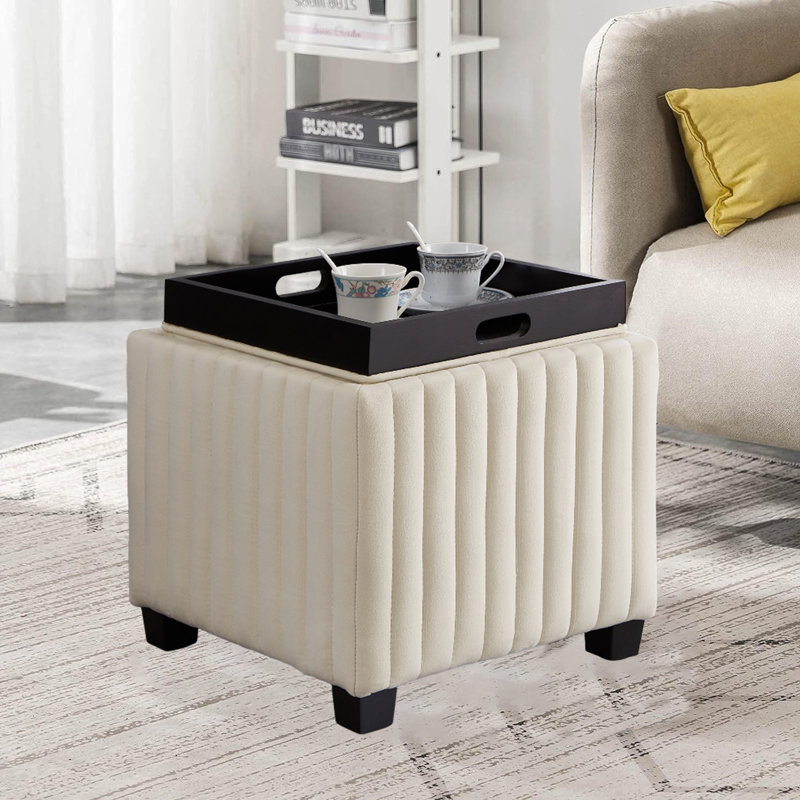 Repose-pieds rembourré avec rangement Simonetto, Velours beige