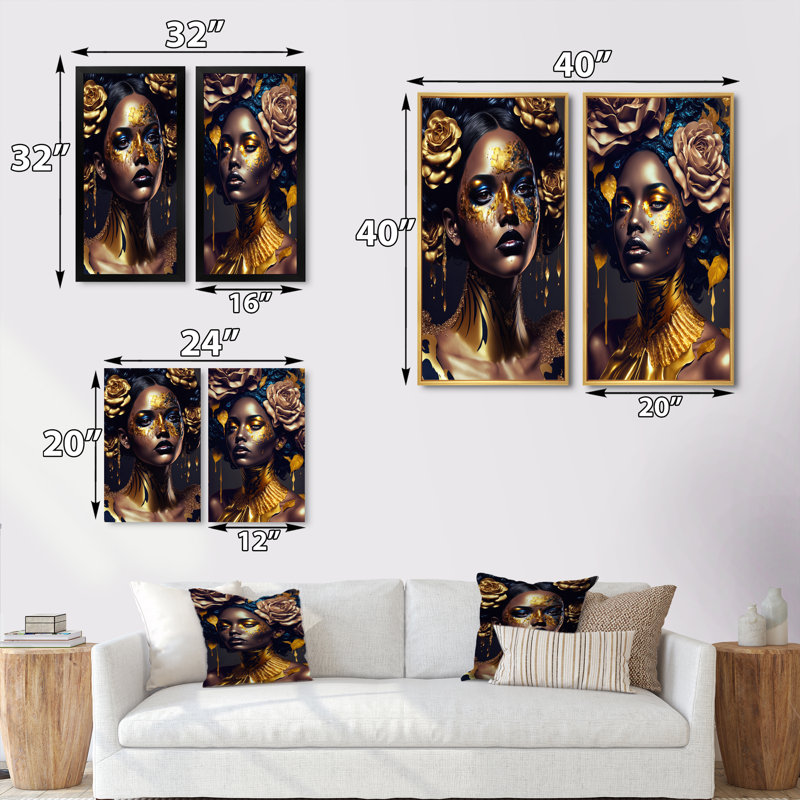 «Gold and Black Floral Woman V», 2 pièces sur toile, Encadrement brun, H 40 po x l 40 po