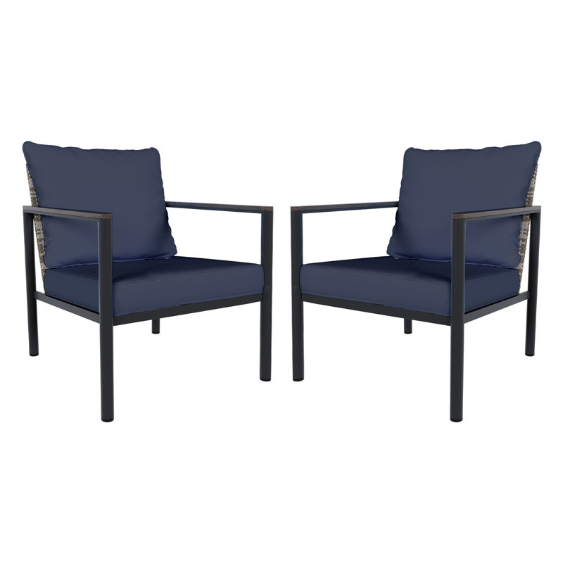 2Pcs Patio Metal Wicker Chairs with Cushions, Blue