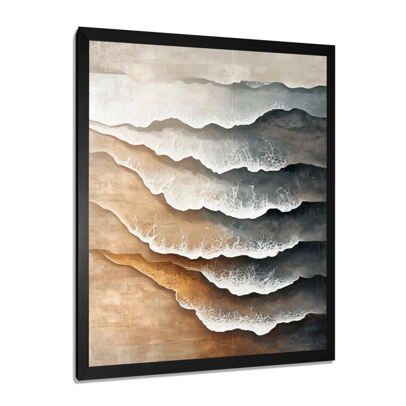 Tableau mural apaisant « Vagues d'or blanc » - Tableau encadré de style côtier, H 20 po x l 12 po, Black Picture Framed