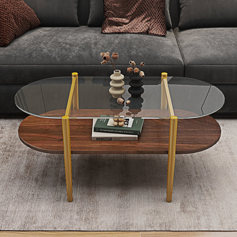 Table basse en verre avec tablette, Doré