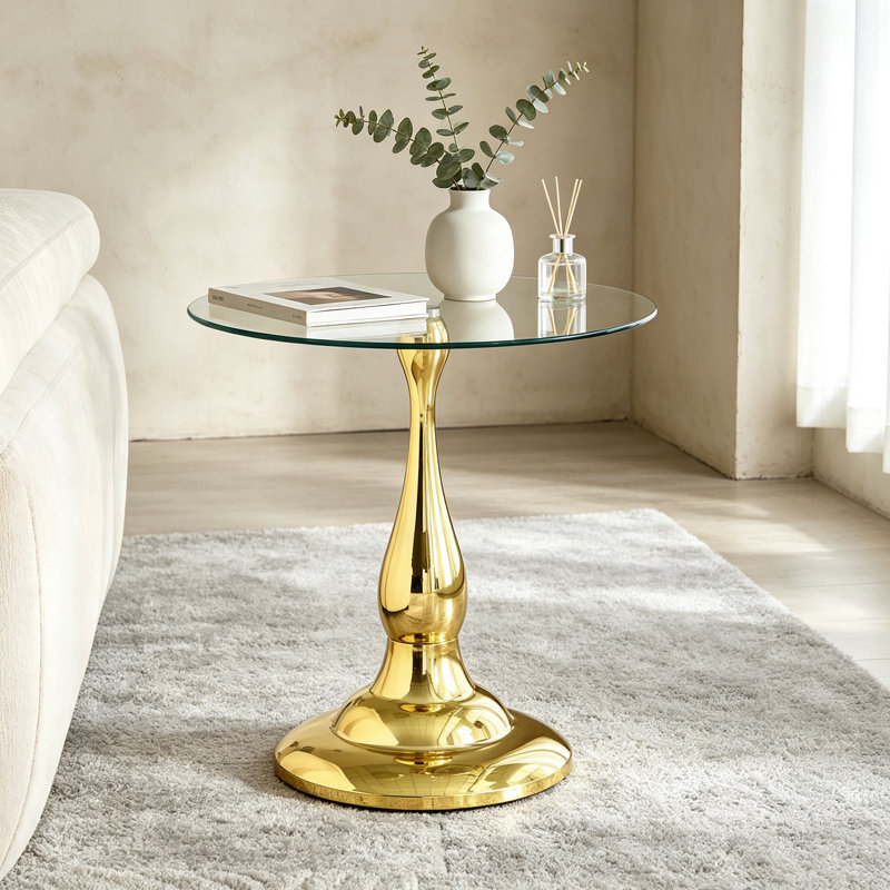 Table d'appoint moderne en métal doré, plateau rond en verre trempé transparent de 50 cm (19,6 po), table de chevet en métal brillant en forme de vase pour salon, chambre ou terrasse