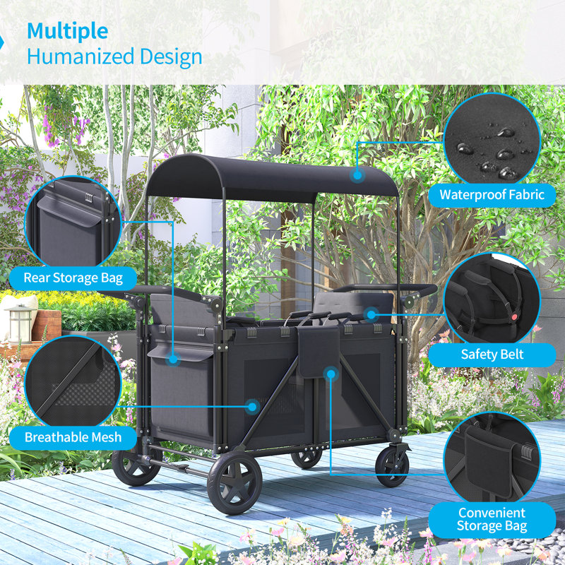4-seater Stroller Wagon, Folding Push-pull Stroller,5-point Harnesses,adjustable Handle,black/grey, Black