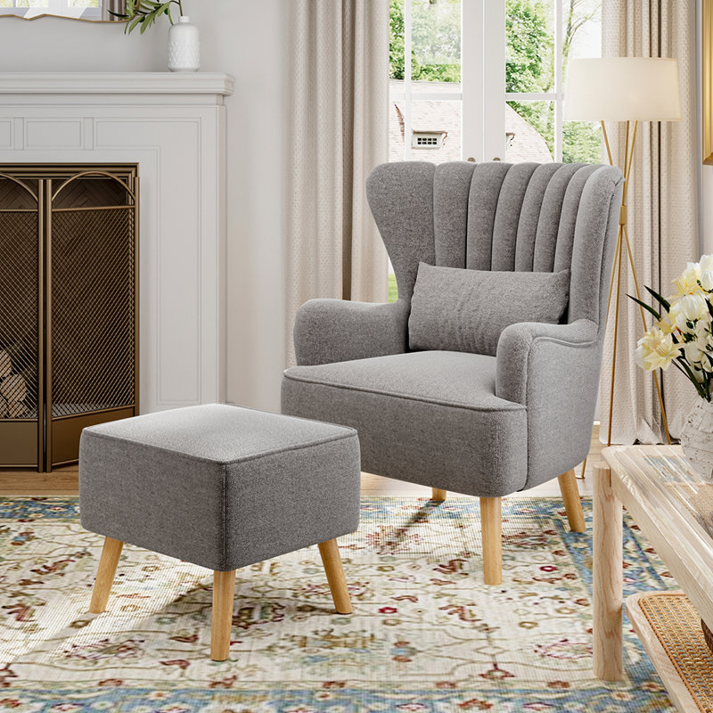 Kiro Upholstered Wingback Chair with Footstool, Light Grey