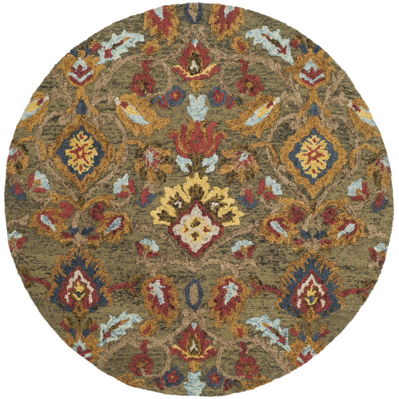 Tapis vert / multicolore en laine fait à la main Tansy, Rond 11 pi