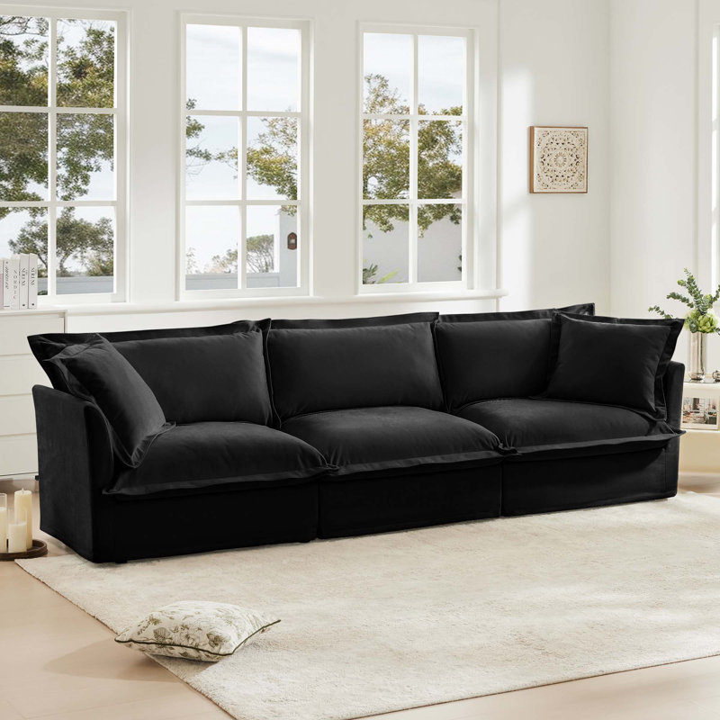 Canapé moderne à assise profonde en chenille 3 places avec accoudoirs polyvalents et coussins moelleux, Noir