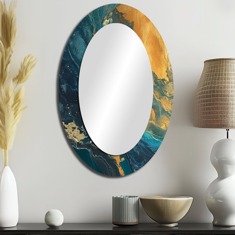 Golden Sunshine In Deep Blue Ocean Abstract III - Modern Oval Wall Mirror, 36" x 24"