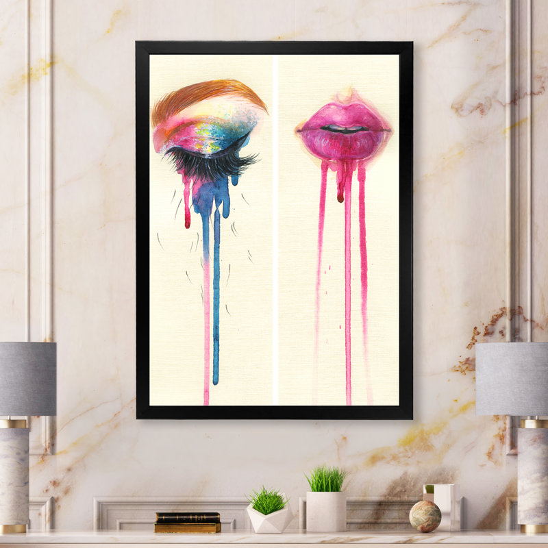 Eyes & Lips With Vivid Make Up - Décoration murale glam sur toile, H 20 po x l 12 po x P 1 po, Toile avec cadre noir