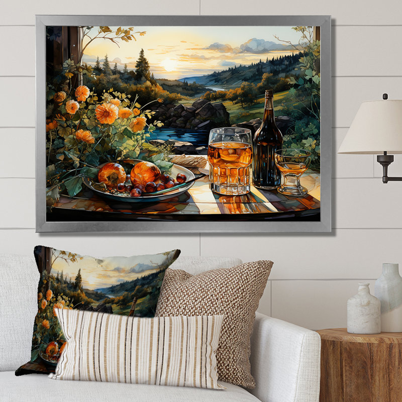 Repas de pique-nique, charme sur toile, Cadre simple argenté, H 24 po x l 32 po x P 1 po