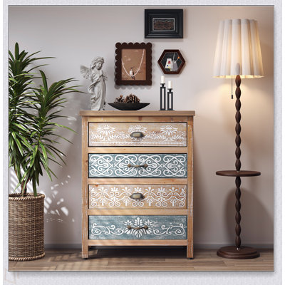Commode vintage à 4 tiroirs avec motif en bois patiné et orné, commode de rangement rustique pour chambre à coucher / salon