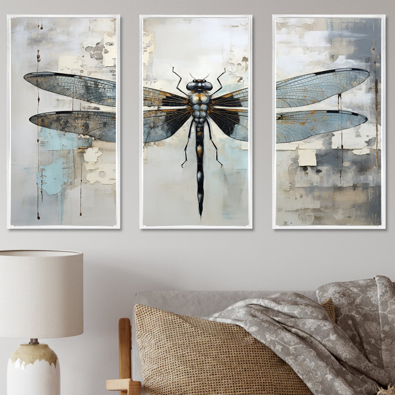 «Dragonfly Delight IV», ensemble d'art sur toile, Cadre flottant blanc, H 32 po x l 48 po