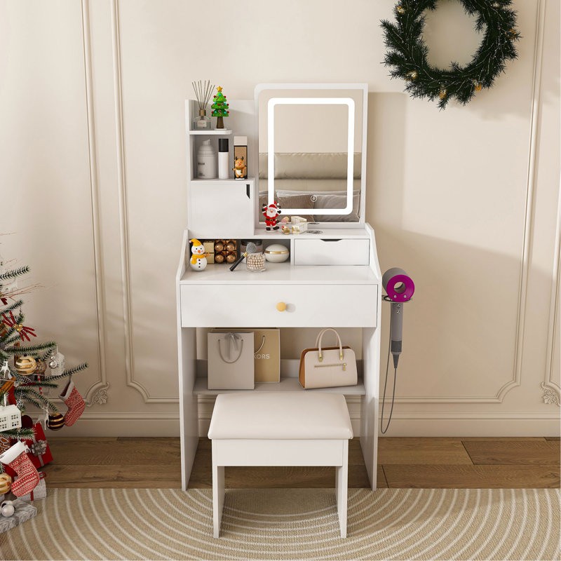 Miroir de coiffeuse 3 couleurs à DEL avec tabouret, coiffeuse rose pour la chambre à coucher, 2 tiroirs et 5 armoires de rangement (4 ouvertes + 1 cachée), éclairage réglable