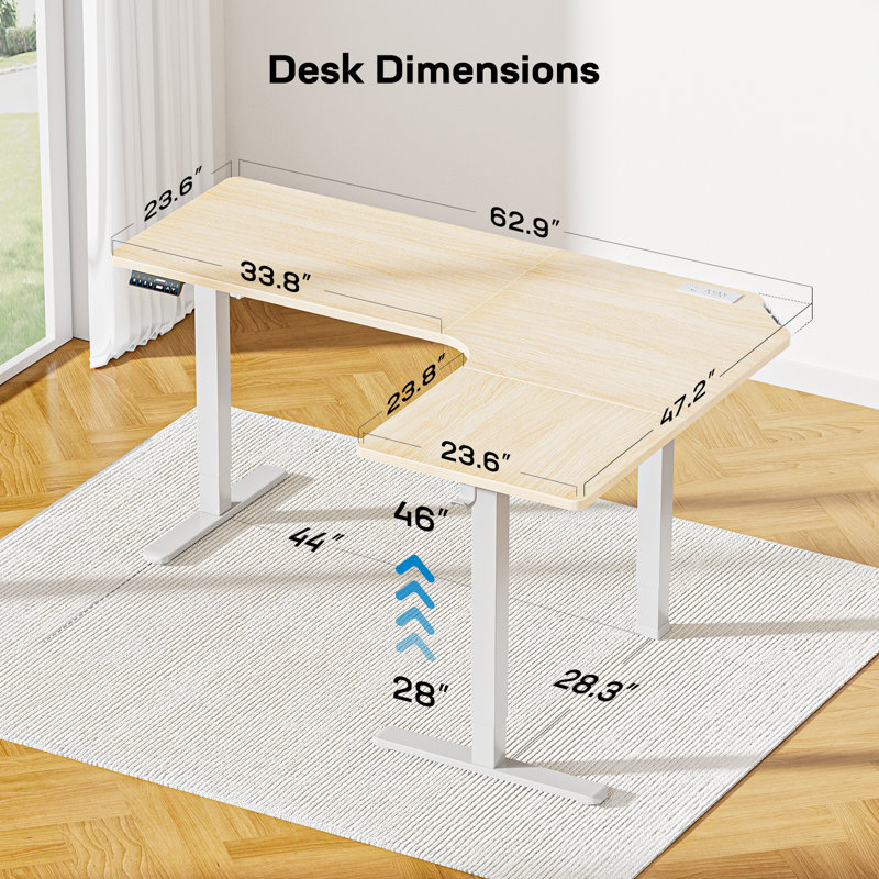 63" L-Shaped Standing Desk, Electric Height Adjustable Corner Desk with 3 Preset Heights, Built-in Power Outlets & Large Power Strip Holder, Dual Motor for Faster Speed, Natural