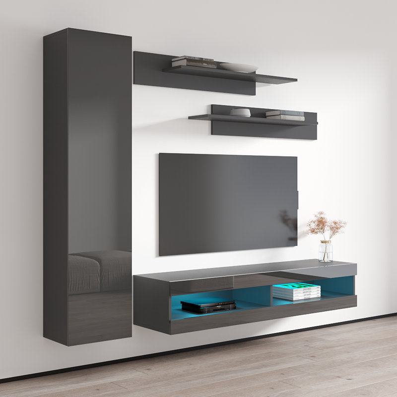 85" Modern Floating Wall Mounted Entertainment Center with 16-Color LED Lighting, High Gloss Finish, Gray