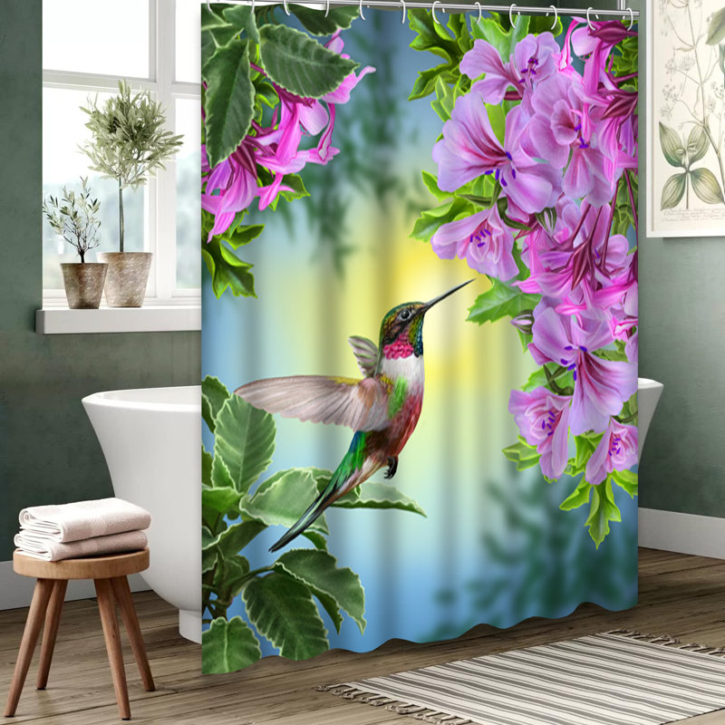 Rideau de douche Colibri fleurs roses et feuilles vertes avec 12 crochets, L 72 po x l 78 po