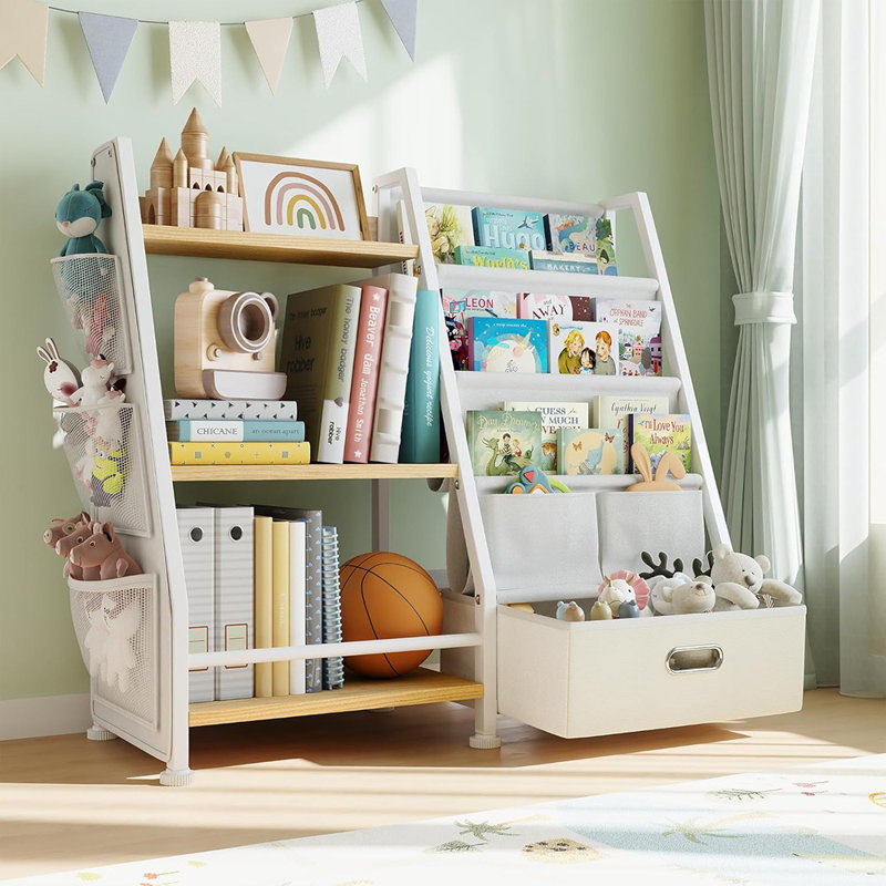 Bibliothèque à 3 niveaux avec tiroir et 3 poches latérales, rangement pour jouets et livres pour chambre d'enfant ou de chambre à coucher - Burlywood