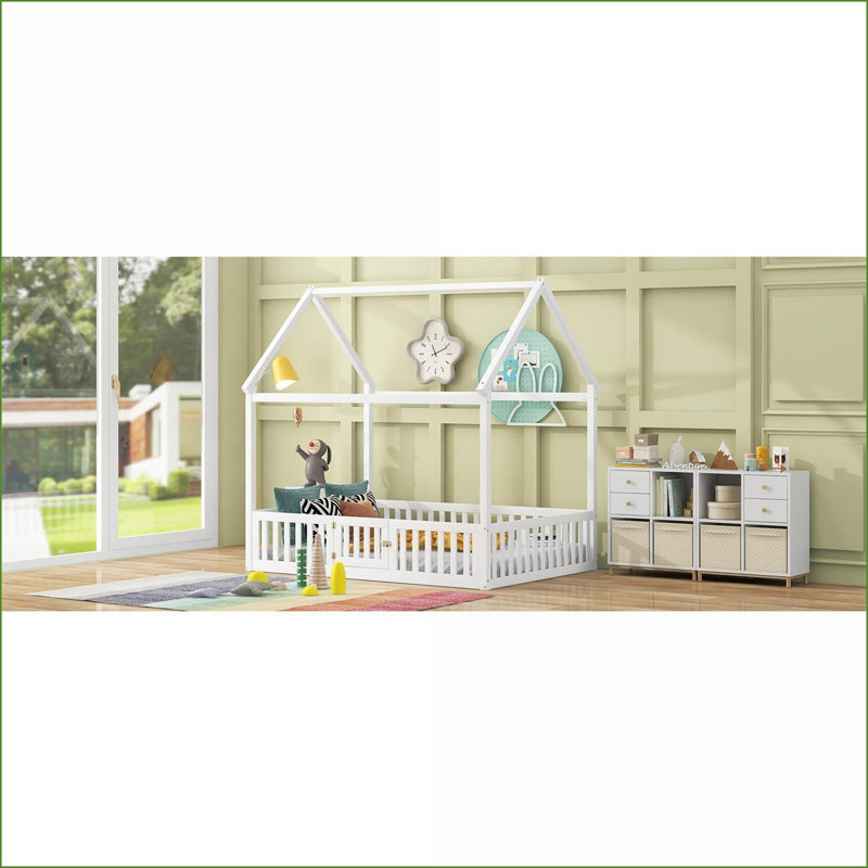 Full Size Pine Wood House-Style Platform Bed with Fence &amp; Door, White – Distressed Washed Design