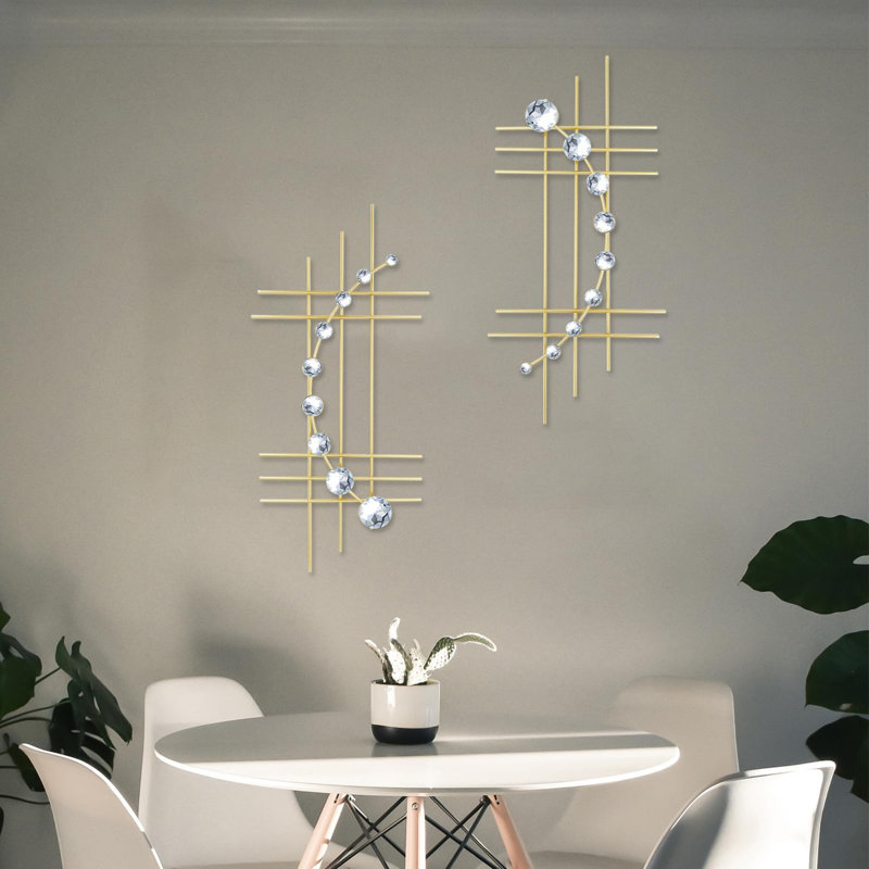 2 Set Bling Jeweled Crystal Metal Wall Art, Gold