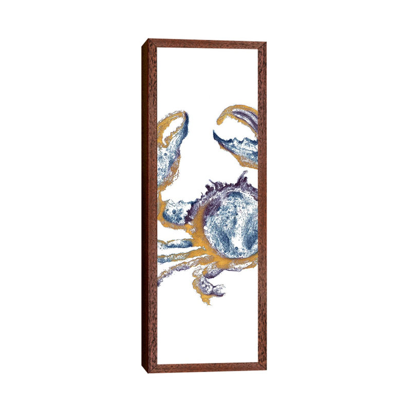 Surf Side Golden Blue Crab 1 Piece Painting on Canvas, 121.92cm H x 40.64cm W x 3.81cm D, Classic Brown Wood Framed