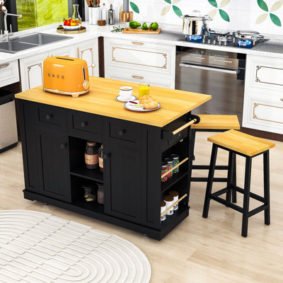 Chiyeko 3-Piece Kitchen Island Set with Storage Shelves, Built-in Charging Station and Bar Stools by Lark Manor