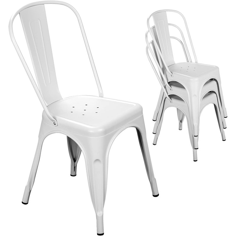 White Powder-Coated Metal Stackable Dining Chairs Set of 4