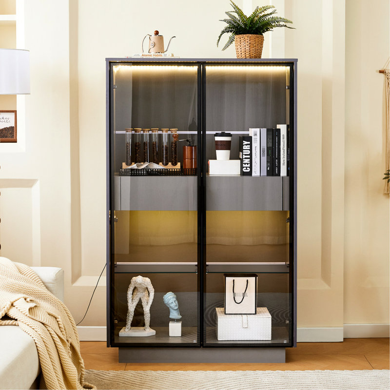 Armoire vitrée de 60,6 po de hauteur pour salon, bureau et bureau, porte en verre trempé gris, éclairage à DEL, deux tiroirs, armoire réglable avec éclairage de porte pour bureau moderne, rangement