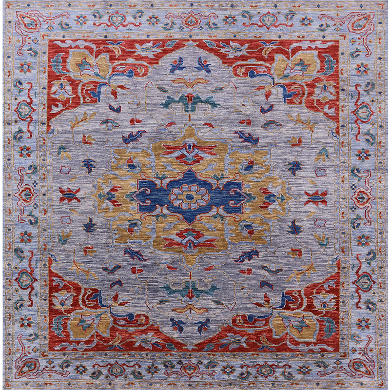 Tapis oriental rouge / gris / bleu, Carré 8 pi