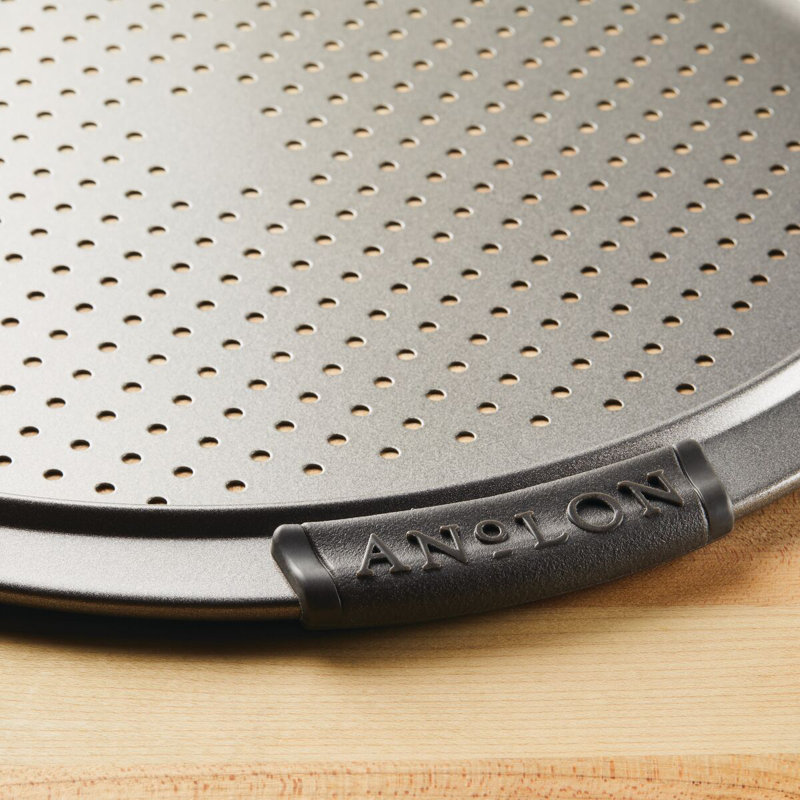 Gray Nonstick Round Perforated Pizza Pan with Silicone Grips