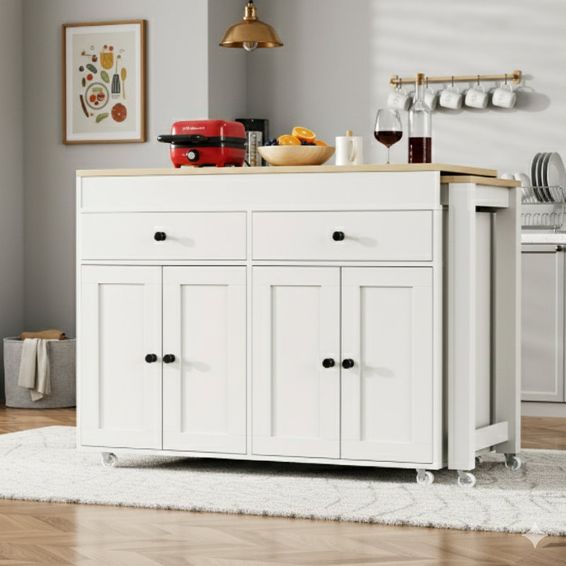 74.5-Inch Kitchen Island with Pull-Out Dining Table, Rolling Kitchen Cart on Wheels, Includes Spice Rack, 2 Drawers, and 4-Door Base Cabinet – Suitable for Kitchen and Dining Room, White Finish (Single Package)