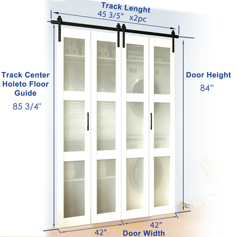 CHIC Mode Doors Porte de grange double pliante en panneau de fibres à densité moyenne de 3 po en verre givré massif 84 po x 84 po avec quincaillerie