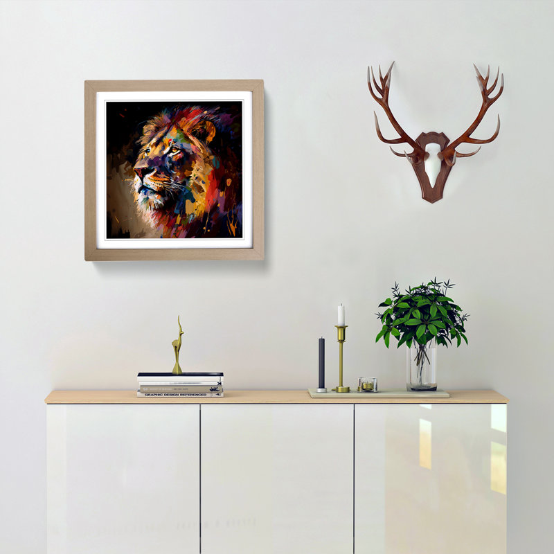 Lion Palette Knife Painting - Framed Print, Oak