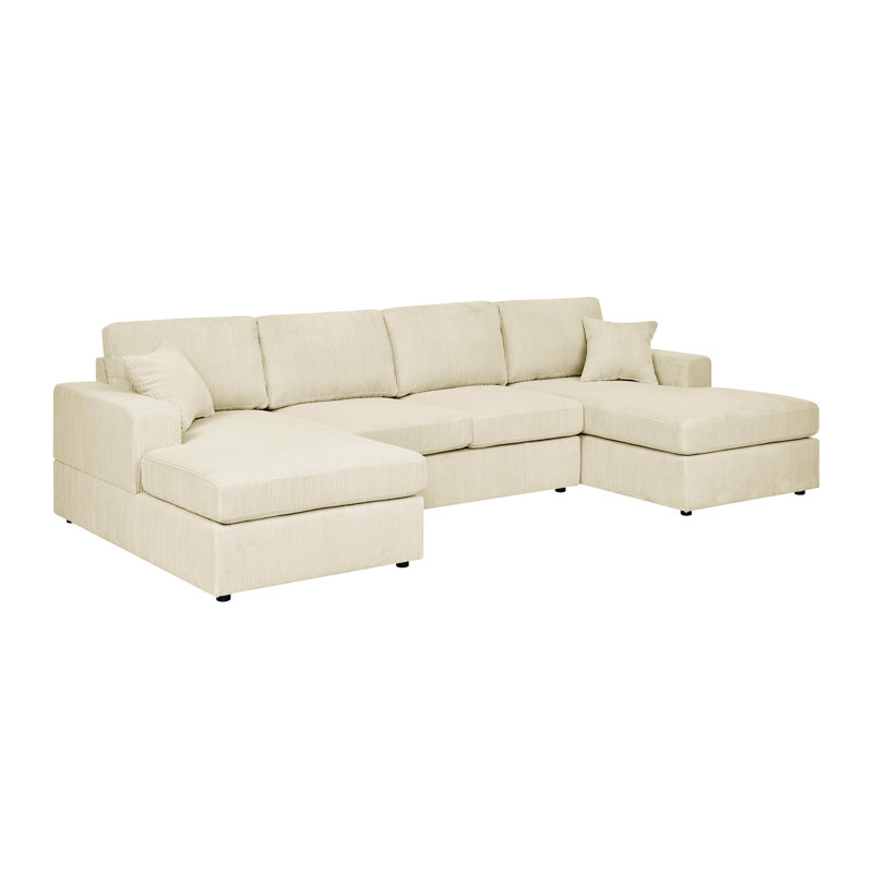 Canapé modulaire à 4 places en velours côtelé double avec base en bois d'ingénierie, dossiers rectangulaires et design d'intérieur minimaliste 3 pièces crème, coussins rembourrés de mousse, accoudoirs carrés, amovible