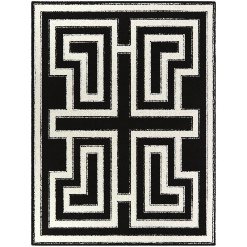 Tapis blanc / noir à motif géométrique Wilk, Rectangle 5 pi 3 po x 7 pi