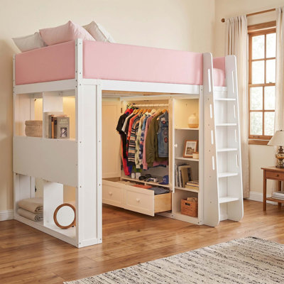Lit mezzanine en bois massif (taille standard) avec barrières de sécurité entièrement recouvertes de similicuir, lit surélevé avec armoire intégrée, tiroirs, étagères à plusieurs niveaux et éclairage DEL d'ambiance.
