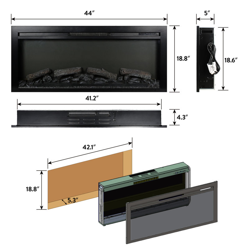 Electric Fireplace 44", Wall Recessed Style, Remote Control, Flame, 1400W Heat, 5000 /H, Energy Efficient Design 44 Inch With Remote, 3 Flame Brightness Options, /Ul