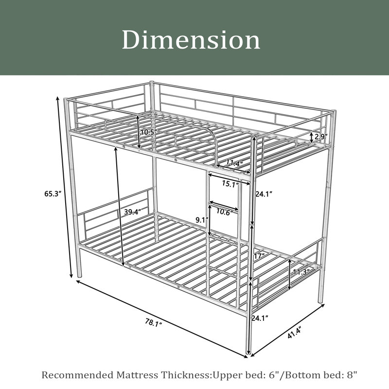 Armoy Kids Twin Over Twin Bunk Bed, Silver