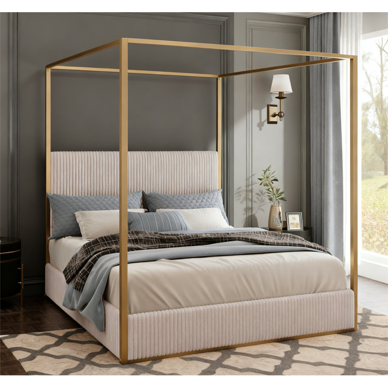 Luxury Metal Canopy Bed with Tall Corduroy Upholstered Headboard, Gold/Beige, Queen