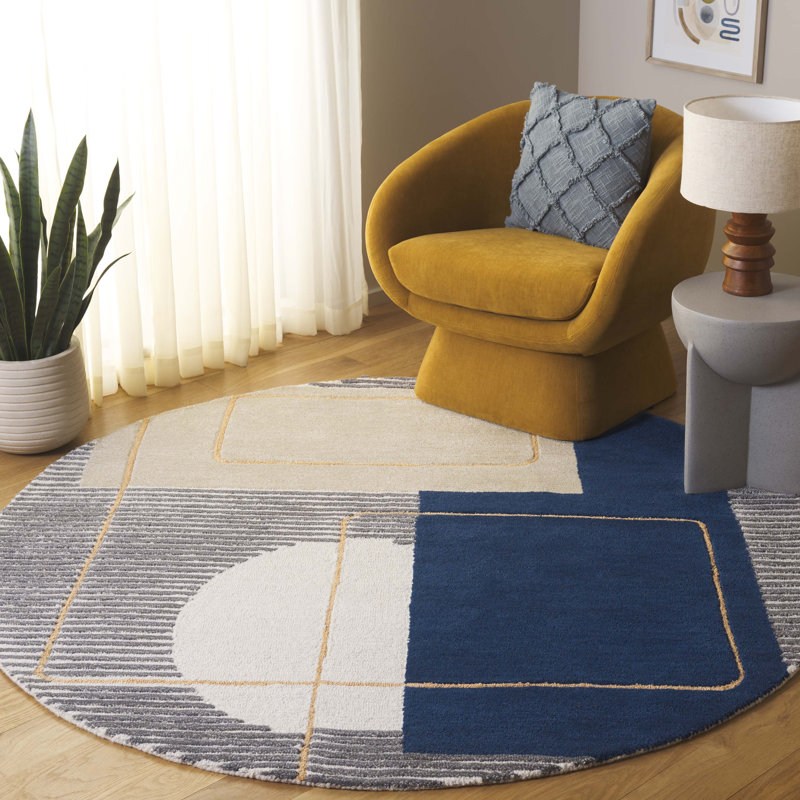 Tapis géométrique en laine et viscose touffeté à la main Lacy , Rond 3 pi
